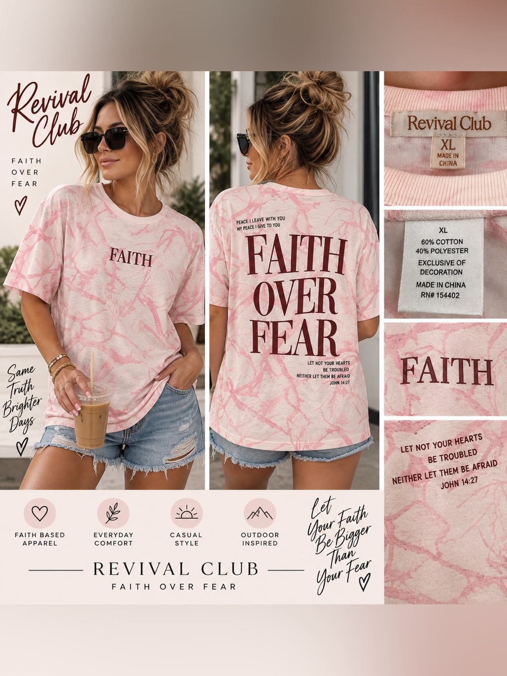 Revival Club Faith Over Fear Pink Camo Graphic Tee XL Christian John 14:27